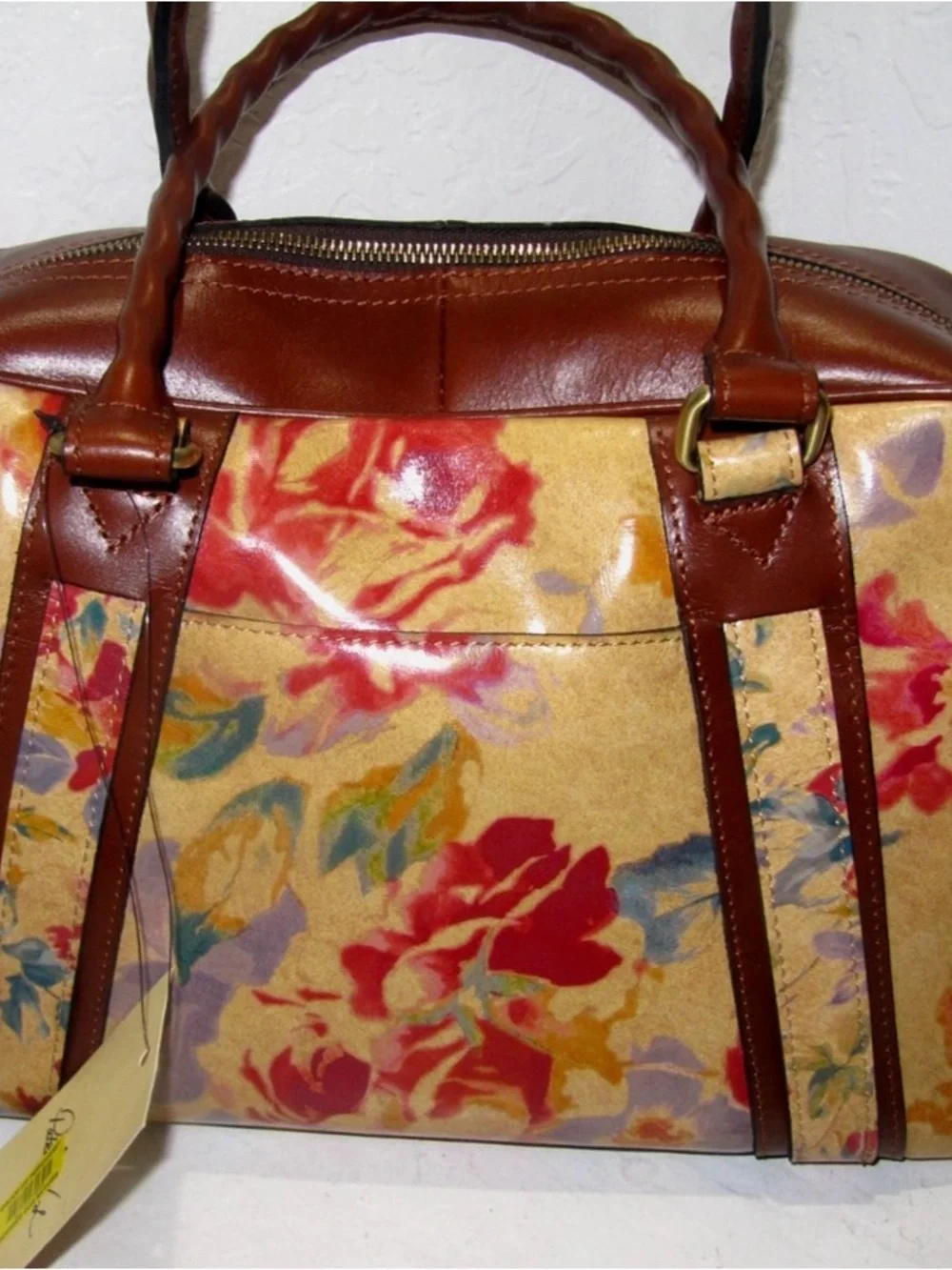 Patricia Nash Yellow Floral Canvas Satchel with Brown Trim - Picture 3 of 4